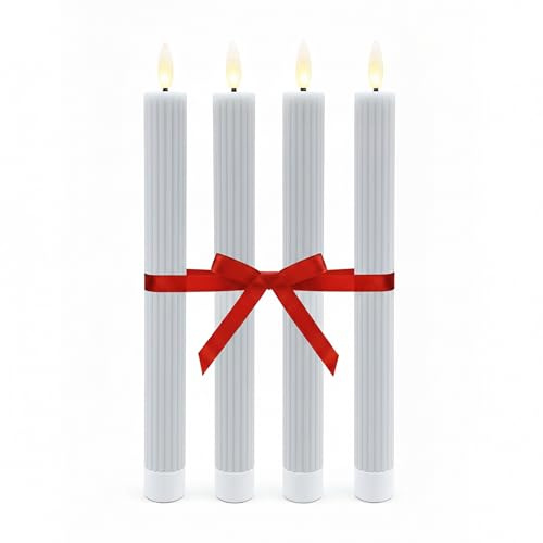 Relaxdays LED Stabkerzen, 4er Set, HxD: 25 x 2 cm, hellgrau | flackernde Flamme, Echtwachs, Rillen, flammenlose Kerzen