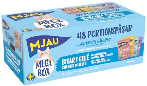 Mjau 48x85g Nassfutter für Katzen in Gelee – Megabox mit Regenbogenforelle, Huhn, Garnelen und Rind. Großpackung für täglich frische Mahlzeiten mit natürlichen Zutaten ohne Zuckerzusatz und Farbstoffe