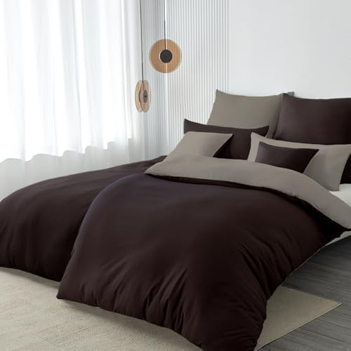 Nesture Bettwäsche 135x200 4teilig Mikrofaser, Braun/Taupe | Bettbezug 2er + Kissenbezug 2er 80x80cm mit Reißverschluss, Bettwäsche-Sets Wendebettwäsche, weich & bügelfrei, atmungsaktiv