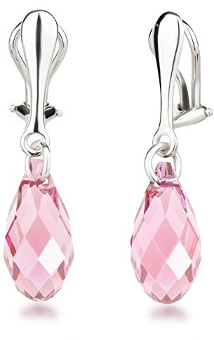 Schöner-SD Ohrclips Hänger 925 Silber Ohrringe Clip mit 17mm Kristall Briolette Light Rose rosa