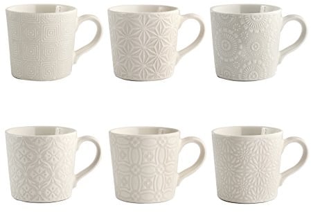 H&H Silhouette – Set 6 Tazzine da Caffè 80 ml in Stoneware, Bianco con Decorazioni in Rilievo, Pattern Floreali e Geometrici, Design Elegante e Robusto