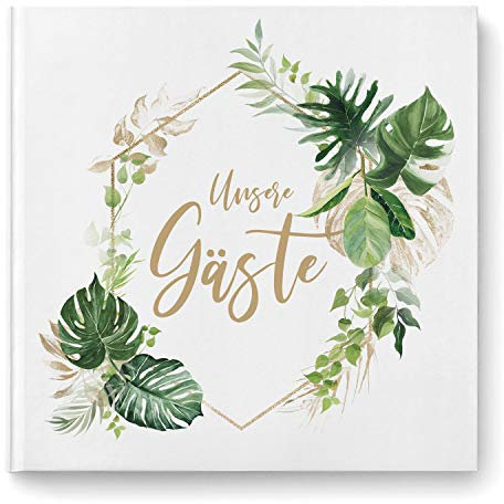 Gästebuch zur Hochzeit mit Fragen - quadratisch, Hardcover 104 Seiten - Hochzeitsgästebuch Hochzeitsalbum Hochzeitsbuch | Monstera Leaf (Motiv - eckig)