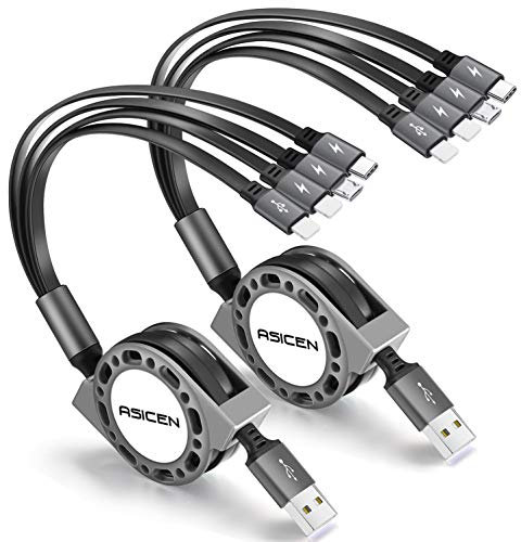 ASICEN 4 in 1 Multi USB Kabel [2Stück 1,2 m] Einziehbares Multi Ladekabel, Universal Mehrfach Schnellladekabel mit 2iP/Typ C/Micro USB für iPhone,Samsung Galaxy,Huawei,LGTablets,PS-Schwarz