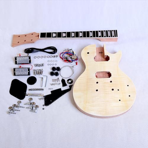 Coban Guitars LP740 DIY Electric Guitar Kit – LP Style Solid Mahogany Body, Flamed Maple Veneer, Glue-On Neck, Ebony Fingerboard, 2 Humbuckers, Chrome Hardware, Black Fittings, Non-Soldering
