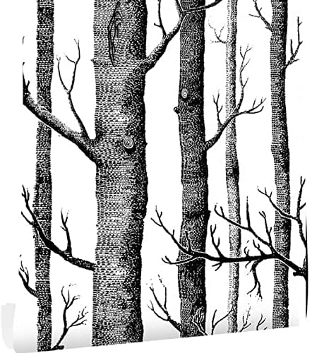 Ohmywor Self Adhesive Birch Tree Peel and Stick Wallpaper - Removable Black and White Wood Wallpaper for Walls - Bedroom, Living Room - 45x300CM
