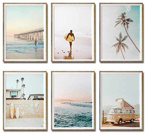 iMagitek Set mit 6 ungerahmten Kalifornien Coastal Surf Wandkunstdrucken, Strand Sonnenuntergang Wandposter, Surfbrett-Wandkunst (20,3 x 25,4 cm)