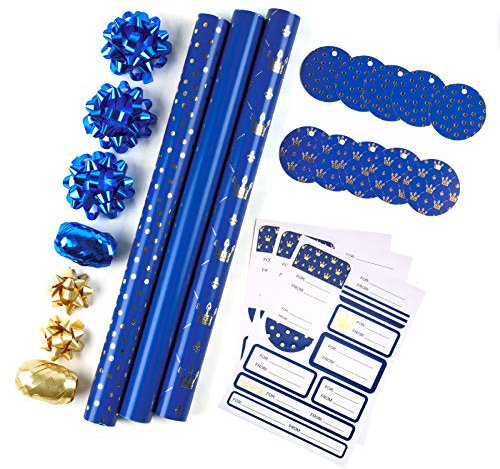 RUSPEPA Packpapier-Set - Mini-Rolle Mit Schleife & Band & Geschenkanhänger & Aufkleber - 43,2 cm x 3,05 m Pro Rolle - Königsblau-Design (42,5 Sq.Ft.Ttl)