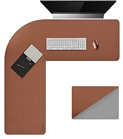 Chihein L-förmiger Schreibtisch PU-Leder Mauspad, Eckschreibtisch Schreibtischunterlage, Großer Doppelseitige Wasserdichte Bürotisch Unterlage (115+145) x40CM(Braun/Grau)
