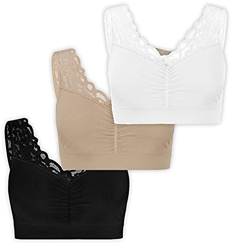 UnsichtBra Spitzen Bustier Damen BH ohne Buegel | 3er Set Wohlfühl Bustiers Tops mit feiner Spitze | Bügelloser Soft Bra | Schlaf Still Büstier (l_swh)(XL)