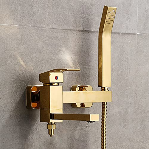 Gx Grifo Bañera con Alcachofa De Mano Mezclador De Bañera De Latón Monomando Montaje En Pared, Incluye Soporte Y Manguera De 150 Cm, Grifo De Ducha, Dorado