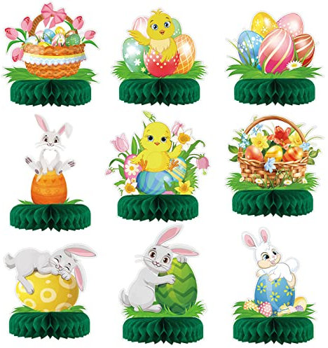 LOOPES 9 Stück Ostern Tischdekoration Bienenwaben Osterdeko Dekofigur Ostereier Tischaufsätze Deko Papier Osterhase Tischdeko Ostern Waben Deko 3D Osterdekoration für Frühlingsdeko Gartendeko