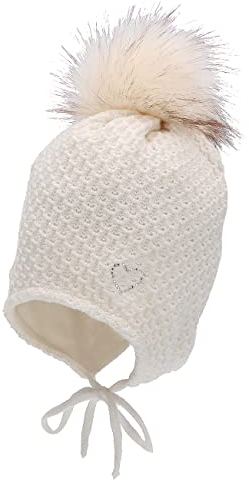 Sterntaler Baby Mädchen Mütze Baby Bommelmütze Strass-Herz Mütze - Mütze Baby, Kappe Kinder - aus Baumwolle mit Bindeband - beige, 45