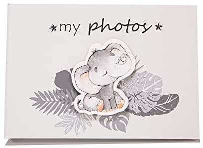 Happy Homewares Cute Baby Elephant Photo Album Grey with Silver Stars and Palm Leaves