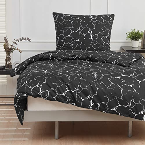 Mixibaby Bettwäsche Bettgarnitur Bettbezug Bedruckt Baumwolle 135x200 155x220 200x200, Größe:200 x 220 cm, Design Bettwäsche:Marmor Schwarz