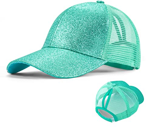 Mädchen Basecap Kinder Glitzer Baseball Cap Pferdeschwanz Hüte Glänzende Verstellbare Sonnenhut Kleine Mädchen Sommer Baseballkappe für 3-8 Jahre alt Grün