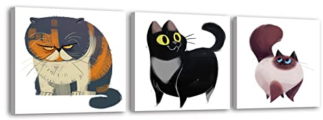 Piy Painting Karikatur Katze Leinwandbild Katzen bedeuten Glück, Lustige Katze Bilder auf Leinwand, Tier Malerei Moderne Abstrakt Wanddekoration für Wohnzimmer Büro Badezimmer 30x30cm 3 Teilig
