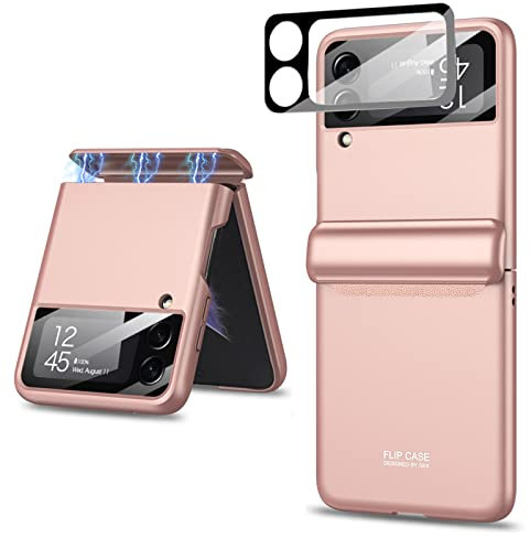 Miimall Compatible with Samsung Galaxy Z Flip 4 Case, Magnetic Hinge Protection Shockproof Hard PC Cover with Glass Camera Protection Full Protective Shell Cover Case for Z Flip 4-Pink