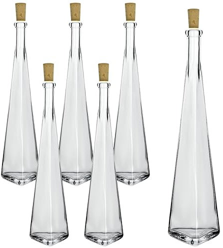 gouveo Set di 6 Decanter 500 ml a Piramide con Tappo (SK) - Bottiglia di Design 0,5l in Vetro con Tappo in Sughero - Bottiglia di Vetro Vuota per liquore, Whisky, Cognac, Vino