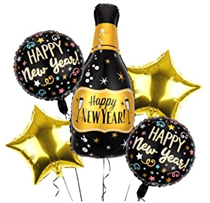 Oblique Unique® Folien Luftballons Happy New Year Ballons Deko für Silvester Neujahr Party Silvesterdeko (Deko Set 5-teilig (Gold, Schwarz mit Champagnerflasche))