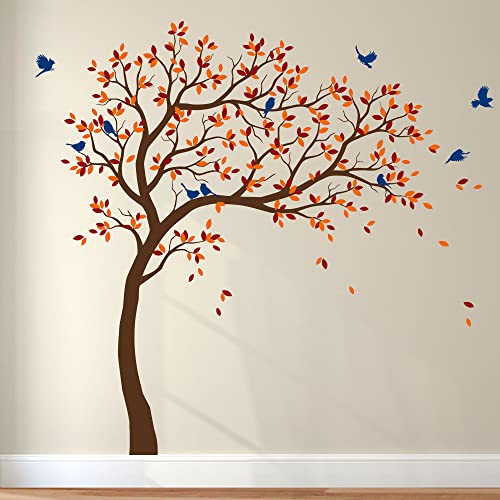 Großer Baum Wandaufkleber Kinderzimmer - Baum Aufkleber mit Vögeln, Äste nach rechts, Vinyl Wandsticker Wandtattoo - Braun, Hellorange, Dunkelrot, Blau
