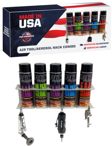Pit Posse PP3353 Pneumatic Tool Holder Aerosol Rack Combo-Made in USA- Wall Mounted Spray Can Bottle Holder, Air Tool Organizer for Garage and Workspace- Holds 5 cans, 6 slots