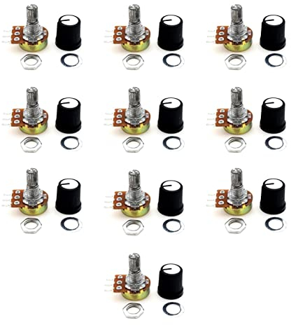 JZK 10 Stück B10K-Potentiometerknopf mit 6mm Welle, Drehvolumen mit linearer Verjüngung B 10k-Potentiometerknopf, B10K-Ohm-Drehpotentiometer mit 3 Anschlüssen mit Kappe, Muttern und Unterlegscheibe