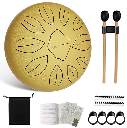 Aedcbaide Zungentrommel Tragbare Mini Trommel 6 Zoll 11 Tone Steel Tongue Drum, D-Dur Klangschale Handpan Instrument mit Schlägeln für Kinder Meditation Yoga Klangheilung Garten Weihnachten (Gold)