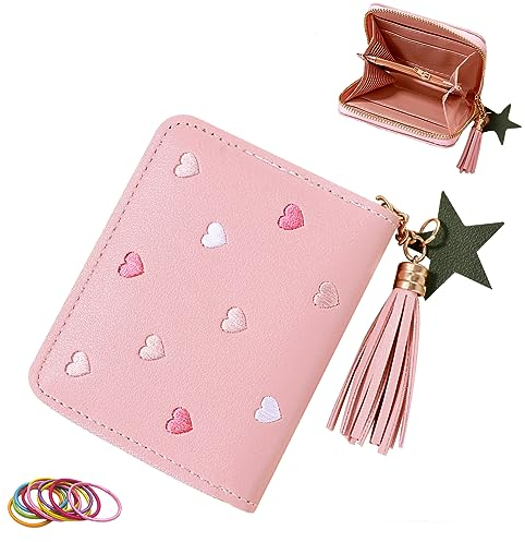 SwirlColor Geldbeutel Kinder, Nette Portmonee Kinder Portemonnaie Jungen mit Kartenhalter PU Leder Mini Geldbörse Kinder mit Quaste Reißverschluss für Kinder Teens Mädchen Frauen(Rosa) (Rosa)