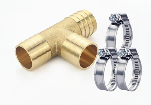 GASMIS 1/2-13mm T-Stück Schlauchverbinder aus Messing inkl. Schlauchschellen - Verteilerstück für Wasserschlauch, Ablaufschläuche