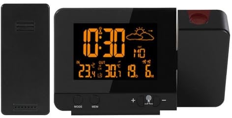 Hydravex 180° Projection Alarm Clock, Bedside Digital Alarm Clock with Date, Time, Temperature, Snooze, Weather Station, Dual Alarm Clock with Outdoor Sensor