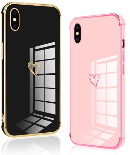 Vauki 2 Stück für iPhone XS/X Hülle, Silikon Handyhülle Herz Motiv Schutzhülle Kameraschutz Stoßfest Bumper Case für iPhone XS - Schwarz und Rosa