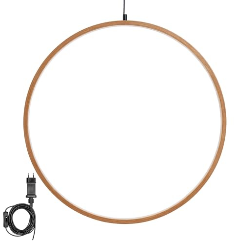 Novaliv LED Kreis Lampe 57cm Ø Naturholz Hängelampe Wohnzimmer LED Warmweiß Weihnachtskreis beleuchtet innen - Innendeko Fensterdeko für Weihnachtszeit Nachttischlampe Weihnachtsbeleuchtung