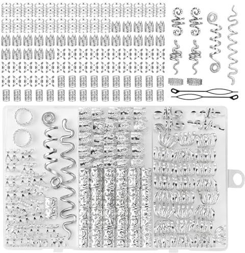 111 Stück Haarschmuck Silber, Dreadlocks Schmuck, Braids Schmuck, Haarringe Silber Haarperlen mit Schmuckschatulle und 2 Haareinfädlern geliefert für Damen Männer Zöpfe Dekoration