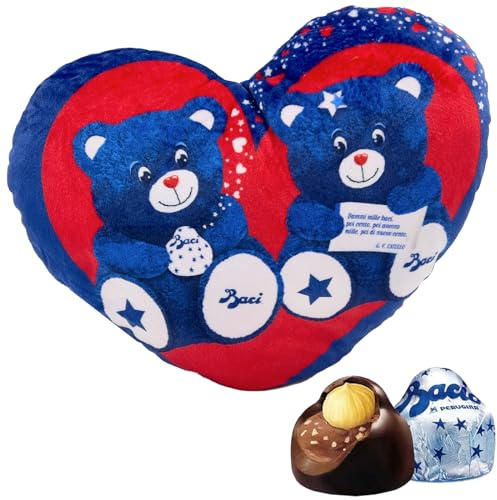 Kissen Herz Bären mit Reißverschluss Baci Perugina Fondant Luisa Blau und Rot Plüsch 75 g