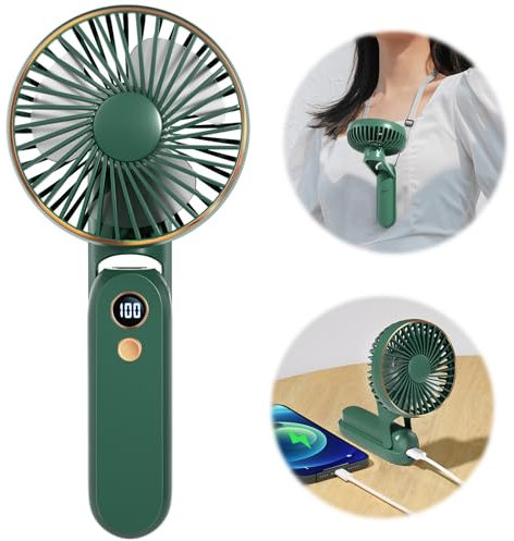 Dealswin Handheld Fan, Portable Hand Held USB Rechargeable Fans with Powerful 5 Speeds & LED Display, Mini Folding Personal Fan Desk Desktop Fan for Travel Home Office Bedroom Outdoor School(Green)