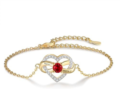 Personalisiertes Herz Armband Mit Gravur: Damen Armband Gold Mit 2 Namen Und Geburtsstein Armkette Für Frauen Mutter Tochter Muttertagsgeschenke (gold herz)