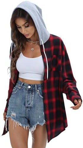 Jhsnjnr Chemise en flanelle surdimensionnée pour femme - Sweat à capuche boutonné - Col en V - Haut tendance - Manches longues - Chemisier à carreaux, rouge, XL