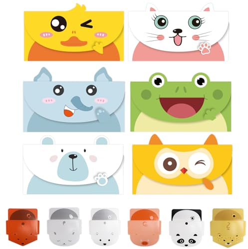 DATIFF 12Pcs Tier Briefpapier Kinder Tiere Grußkarten mit Hase Elefant Katze Fuchs Tiger Eule Ente Frosch Eisbär Panda Schwein Bär Faltbar Geburtstagskarten Glückwunschkarten für Junge Mädchen