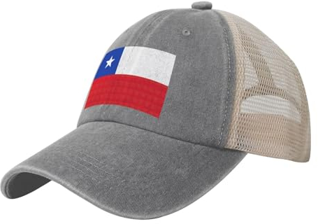 Cowboy-Baseballkappe mit Flagge von Chile, Trucker-Mütze für Herren, bequemes Sechs-Panel-Design, verstellbarer Druckknopfverschluss auf der Rückseite, Grau, Einheitsgr��e