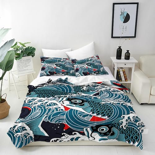 ANHOPE Japanisch Welle Fische Bettwäsche Set 3 Teilig Bettbezug 200x220 cm & 2 Kissenbezug 80x80 cm Microfaser Bettbezüge mit Reißverschluss Weich Ganzjahres Bettdeckenbezug Set