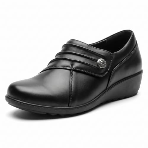 Cushion Walk Women's EEE Extra-Wide Fit Black Shoes, Ladies Lightweight, Faux Leather, Slip-On, Low Wedge Flats, Casual Work Office Comfort Shoe (Size 4 UK, Black)