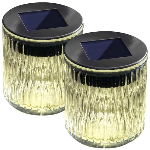 Lunartec Solar Tischleuchten: 2er-Set Solar-LED-Windlicht aus Echtglas mit tollem Lichtmuster, IP44 (Teelicht Leuchte, Windlichter Outdoor, Beleuchtung)