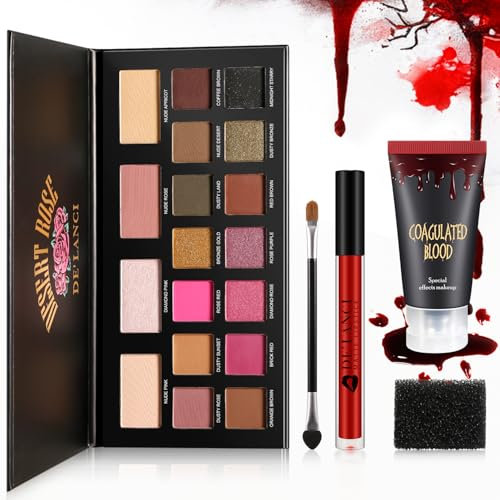 Afflano Bruise Makeup Palette Maquillage Halloween, Kit Maquillage Ecchymoses, Grufti Palette d'Ombres à Paupières Rose Smoky+Faux Sang + Rouge à Lèvres Rouge Foncé, Squelette Goth Princesse Zombie