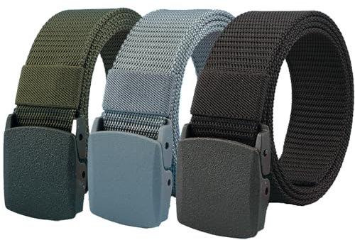 ATSNOSH 3 Piezas Cinturón Canvas Unisex, Cinturón Táctico Nylon con Hebilla Plástico, Cinturón Trabajo Hombre, Ajustable Cinturones de Lona, Cinturón de Cuerda sin Agujeros, 130 cm