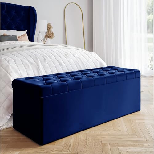AZ Interiors Royal Furniture 90cm Wide Chesterfield Ottoman Storage Bench, Plush Velvet Bench with Storage, End of Bed Bench, Velvet Upholstered Coffee Table, Entryway Bench (Sapphire Blue Velvet)