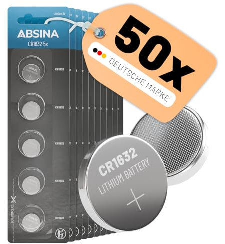 ABSINA 50x Batteria CR1632 3V - CR1632 batteria anti-perdita & lunga durata - Batteria 1632, CR 1632 batteria, pila CR1632 3V, 1632 batteria, batterie 1632