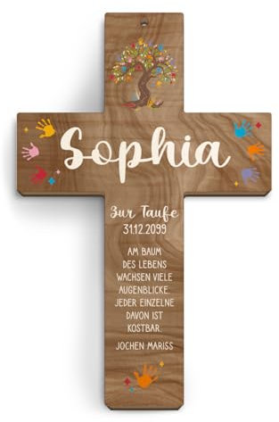 Taufkreuz personalisiert aus Holz Taufgeschenk Mädchen Junge 13x20cm - Lebensbaum - Walnussholz Look