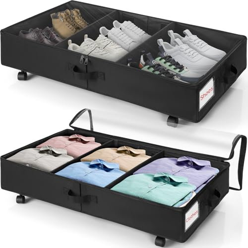 BQKOZFIN 2 Pack Under Bed Storage on Wheels, 50L Foldable Under Bed Storage Organiser Containers with PVC Lid, Rolling Underbed Storage Boxes with Metal Frame for Clothes Shoes Toys Blankets (Black)