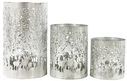 Windlicht silberfarben Hirsch Wald Hirsche 3er Set Laterne modern aus Metall