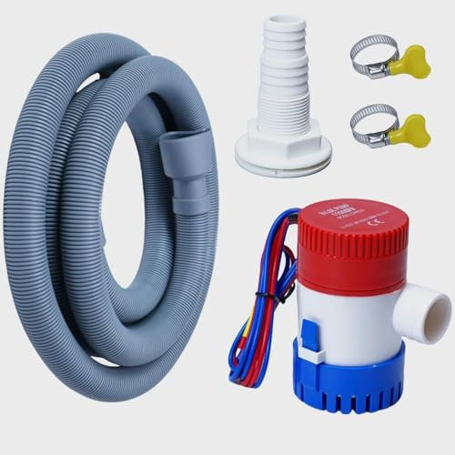 12v 1100gph boat bilge water pump, 1-1/8 inch bilge pump plumbing kit, 6ft bilge pump hose, 2 stainless steel clamps and assembly a